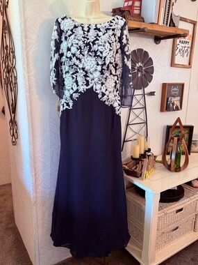 JJs House Navy Blue Gown with White Lace Appliqué